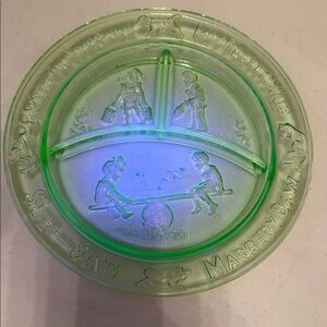Vintage Green Depression Glass Nursery Rhyme Plate